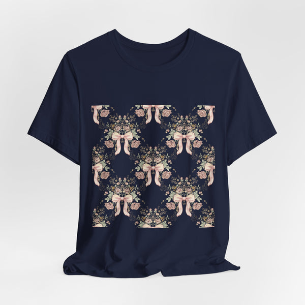 Blush Bow & Floral Repeat Tee | Coquette Lace Pattern