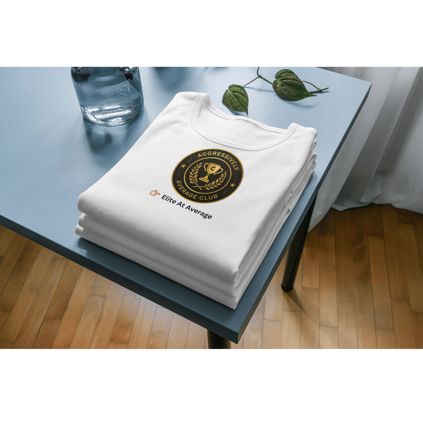Aggressively Average Club- Elite at Average- Unisex Organic Oversized High Neck T-Shirt – Funny Minimal Streetwear Graphic Tee